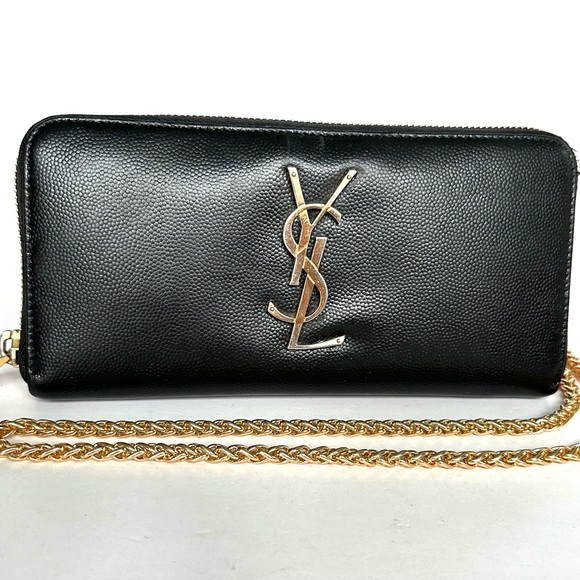 💯 YSL Saint Laurent Black Leather Zippered Wallet on Chain w/ auth cert - Picture 1 of 13